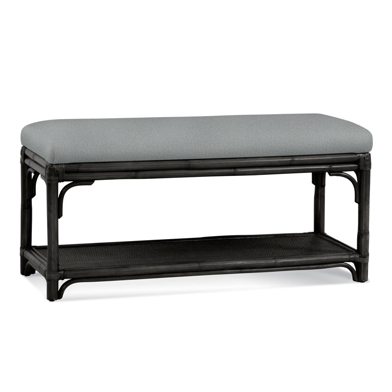 Summer Retreat Wicker Shelf Storage Bench, Antique Black, Light Blue Performance Fabric; 0851-55