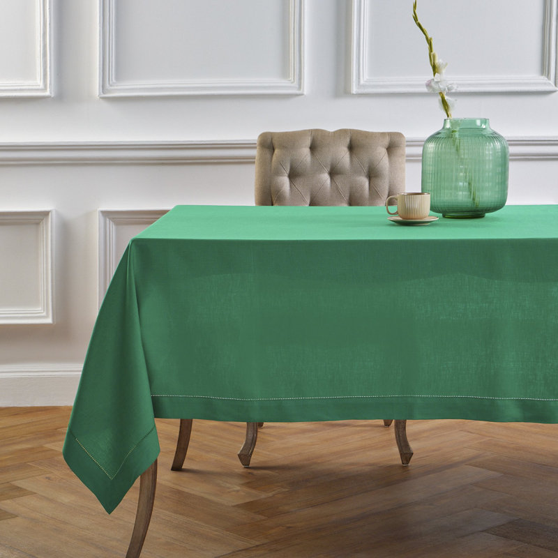100% Pure Linen Hemstitch Table Throw - Classic Hemstitch, Emerald