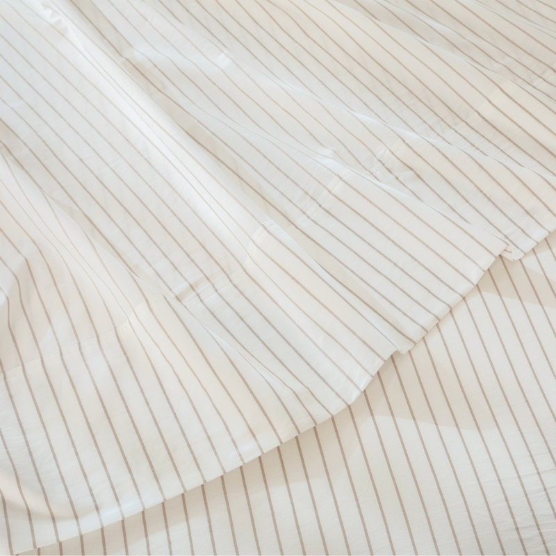 Ensemble de draps 100% coton lavé MooMee, Rayures larges : Blanc et gris lin beige