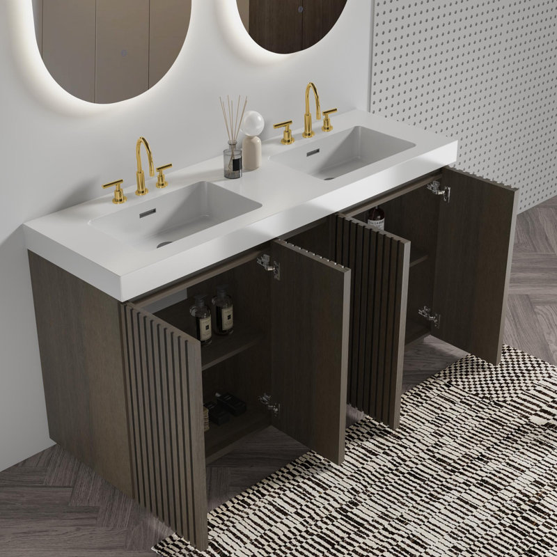 Meuble-lavabo avec lavabo et grand rangement 60F, Oak,Smoke