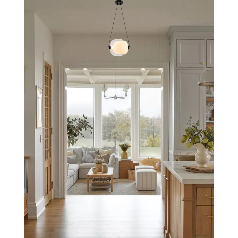 Luminaire suspendu 1 lumière DEL noire avec abat-jour en verre transparent et blanc, Blanc / Transparent