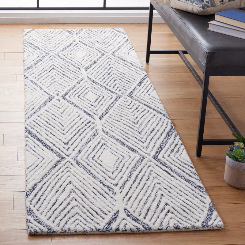 Tapis géométrique abstrait en laine / coton touffeté à la main gris / ivoire, Tapis de couloir 2 pi 3 po x 10 pi