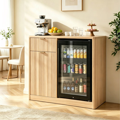 39.4" Coffee Bar Cabinet with Fridge Space, Mini Fridge Liquor Cabinet with Wine Storage & Charging Station, Fluted Buffet Sideboard with Glass Holder for Living Room Kitchen