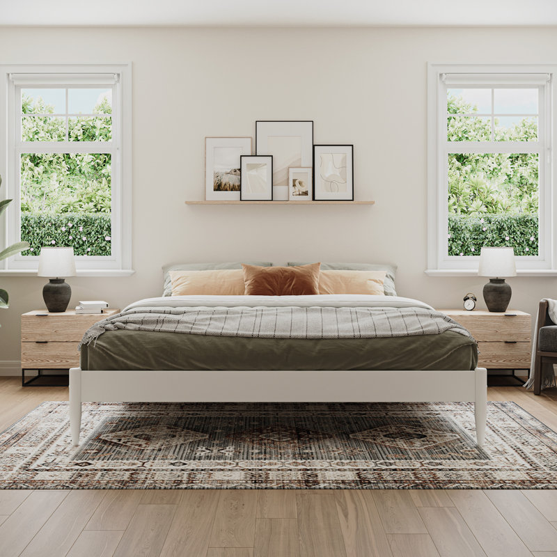 Anitia Mid Century Modern Low Profile Platform Bed Frame, White, King