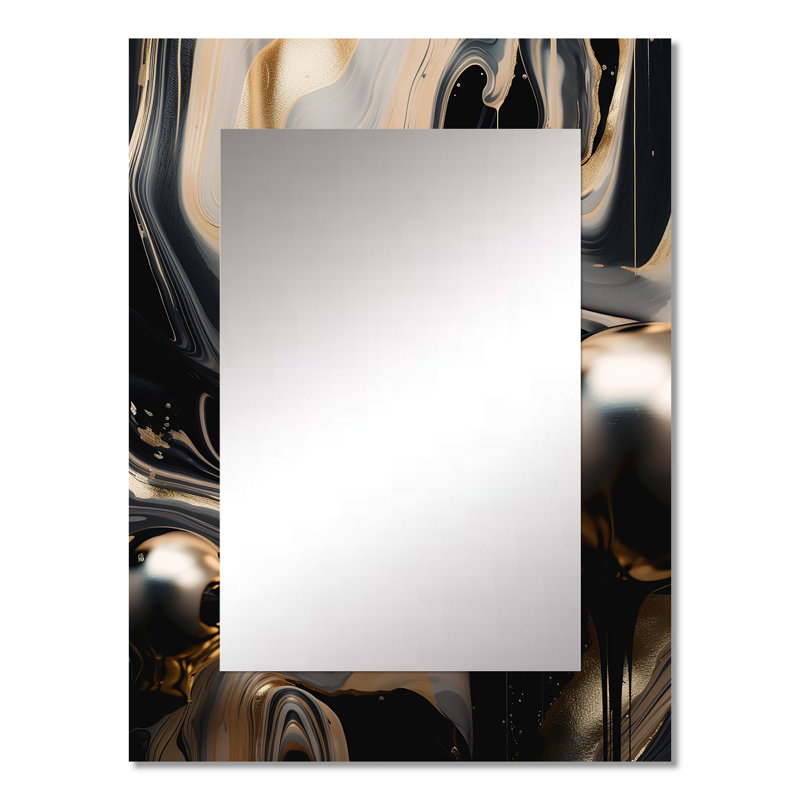 Or noir voyage par marbre III - grand miroir mural en marbre, miroir doré unique, impression d'art en métal, 32 po x 24 po