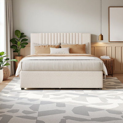 Upholstered Platform Bed With 2 Drawers And 1 Twin Size Trundle, Classic Headboard Design