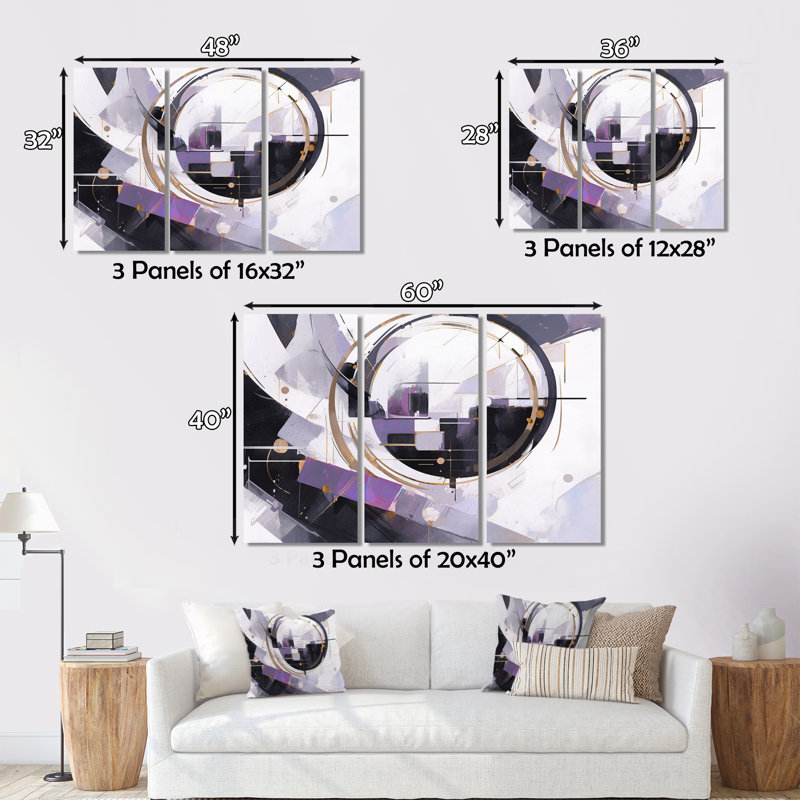 Tourbillon mauve à multiples facettes sur toile, 3 pièces, H 28 po x l 36 po x P 1 po