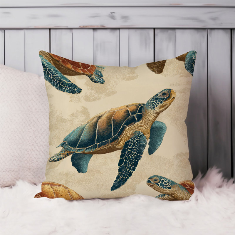 Housse de coussin nautique Beach and Coastal Sea Turtles, Carré 20 po, Beige / bleu nautique / plage 12