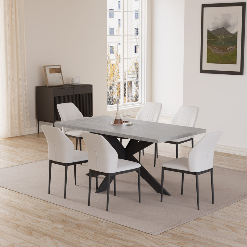 Kitchen Dining Set, Extendable Dining Table with Upholstered Dining Chairs, White, 7 Pieces: Table, 6 Chairs