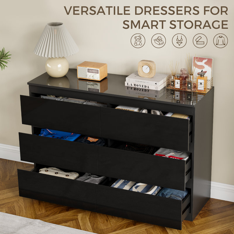 Commode double 6 tiroirs, l 47,2 pi, Black