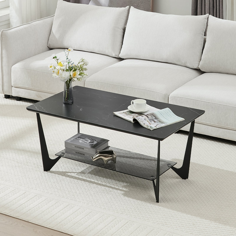 43.3" 4 Legs Glass Base Rectangle Coffee Table With Storage And Metal Legs