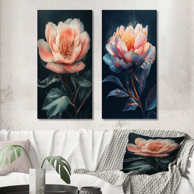 Pivoine en tons de rose et d'or I - ensemble d'art mural pivoines 2 pièces