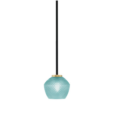 Mini-luminaire suspendu 1 lumière Amarmula, noir mat et laiton vieilli, verre texturé turquoise 6 po