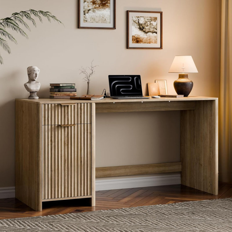 60" Fluted Home Office Desks With Storage, Modern Executive Desk Computer Desk With Drawer & Cabinet, Wood Work Desk For Office, Bedroom, Study, Living Room
