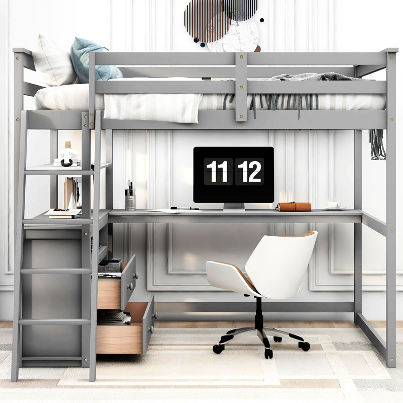 Lit mezzanine double avec bureau et tablettes, fabrication en bois de pin gris pour une grande chambre à coucher, Gris