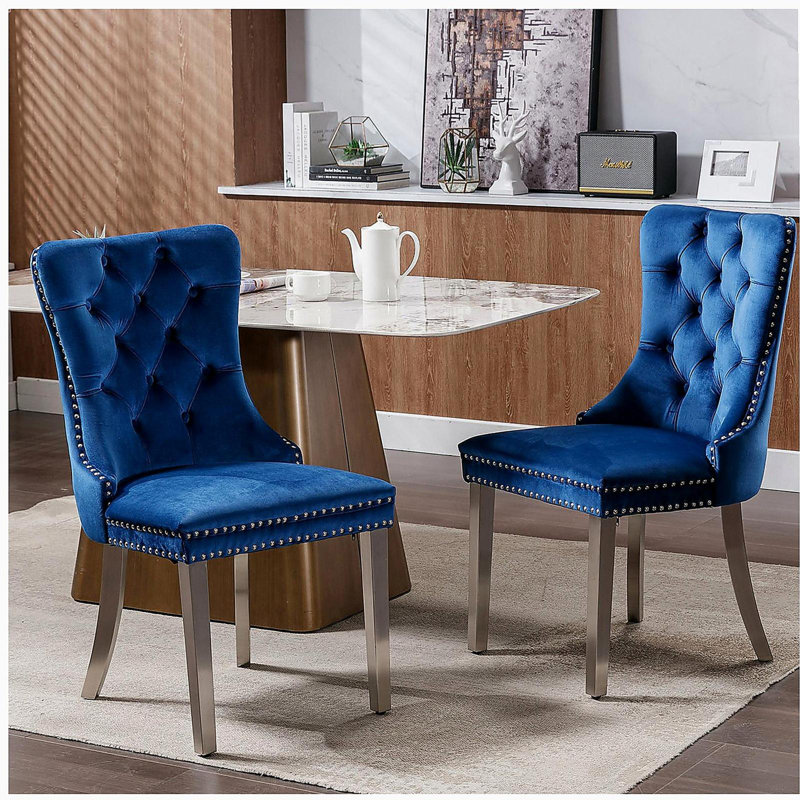 Tufted Solid Wood Contemporary Velvet Upholstered Dining Chair with Chrome Stainless Steel Plating Legs,Nailhead Trim,Set of 2