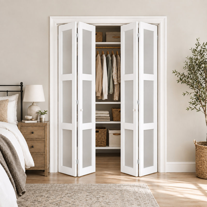 Portes d'armoire doubles pliantes en bois massif et verre dépoli avec quincaillerie d'installation, 48" x 80"