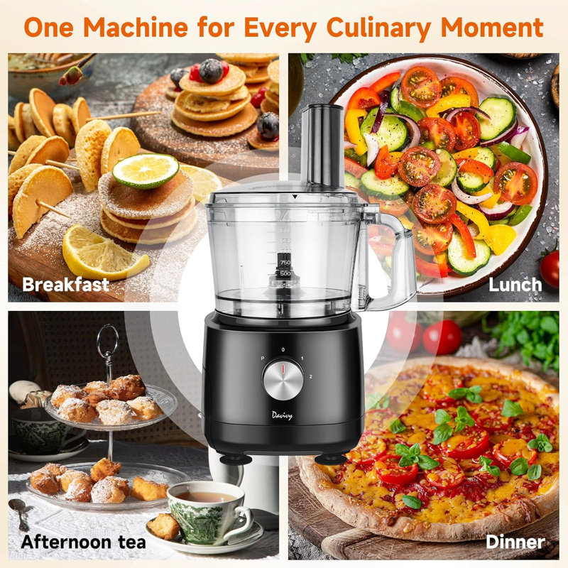 Robot culinaire 7 tasses Davivy, moteur de 600 W, ensemble de 9 pales pour le découpage ondulé, frites, pétrissage