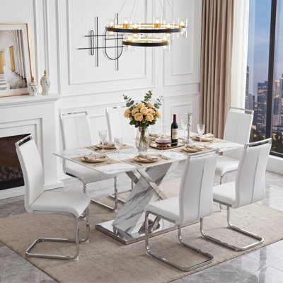 7-Piece Modern Rectangular Faux Marble Dining Set with Cantilever Chairs