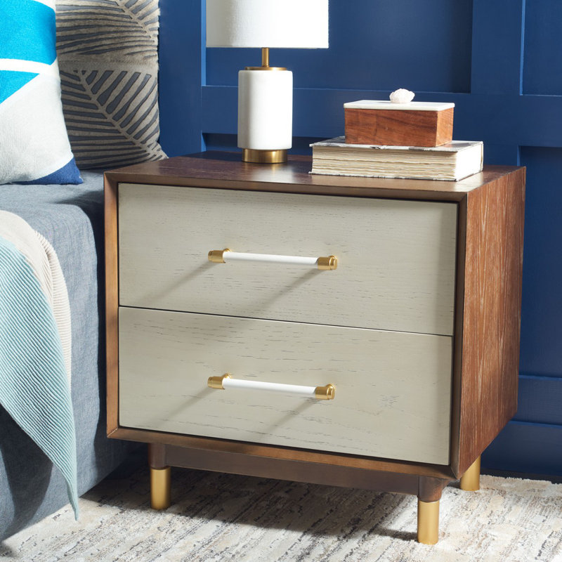 Retro Rustic Walnut/White Washed 2 Drawer Nightstand with Brass Accents