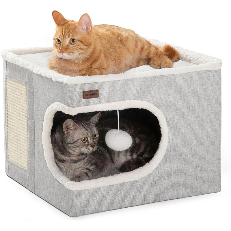 Gray Plush Covered Cat Cube House with Hanging Ball
