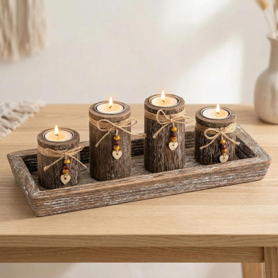Ensemble de 4 chandeliers en bois perlé avec plateau, centre de table de style bohème champêtre