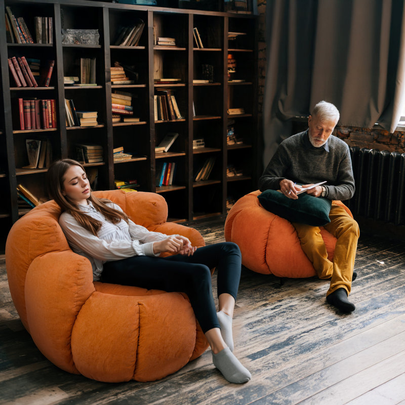 Geometric Comfort Wowmax 33 Inches Pumpkin Shape Ottoman Coffee Table, Modern Pumpkin Upholstered Ottoman Coffee Table, Extra Large Round Ottoman For Living Room Lounge, Orange