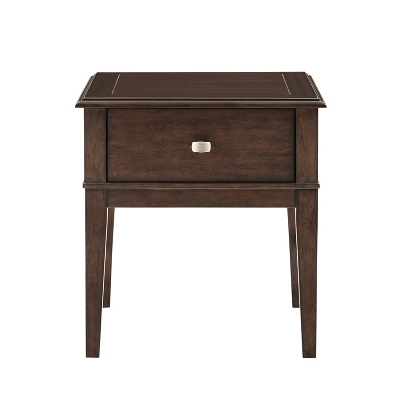 Table de bout rectangulaire en bois avec charge, tiroir en teinte brune classique et installation de charge
