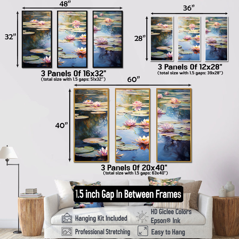 «Monets Water Lily Pond Reflections 2 - Lake», art mural, H 28 po x l 36 po x P 1 po, Cadre flottant noir