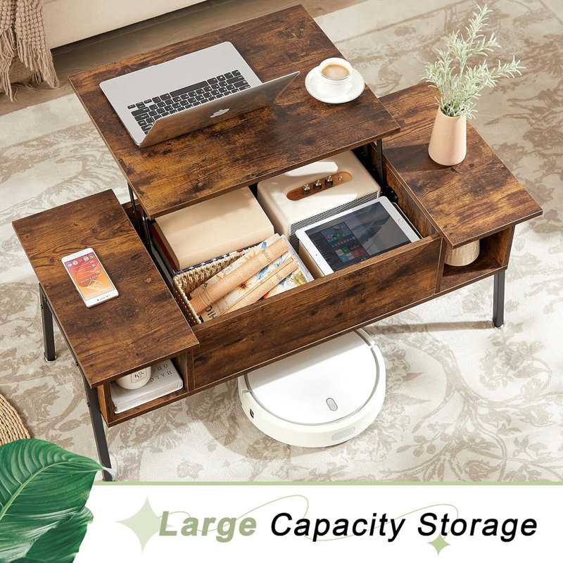 Wood Lift Top Coffee Table With Hidden Compartment And Storage Shelf For Living Room/Office Reception, Rising Tabletop