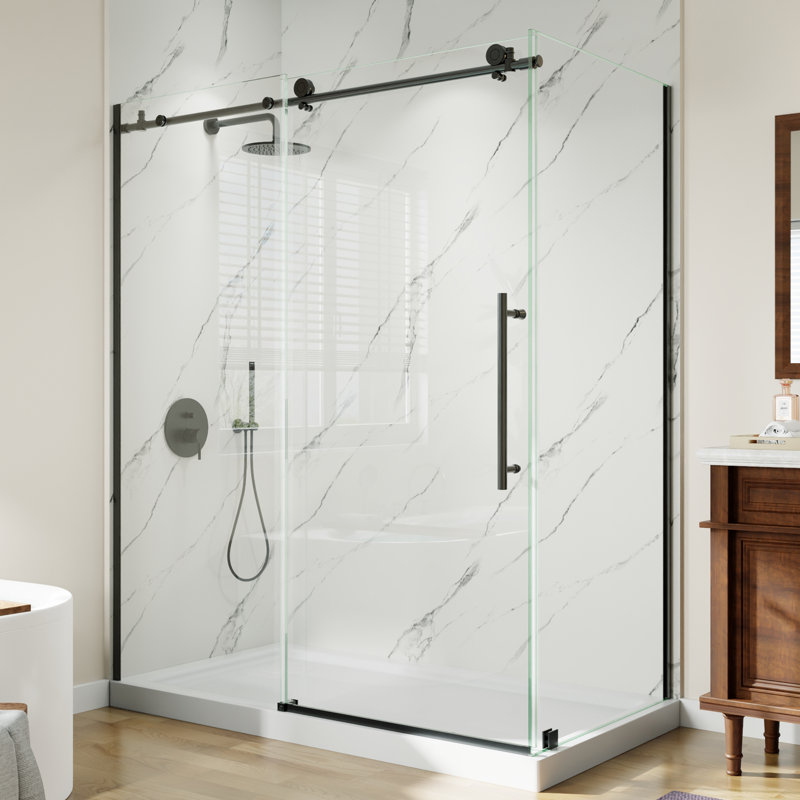 Cabine de douche rectangulaire sans cadre de 60 po x l 32 po x H 72 po avec verre trempé transparent 5/16 po, Noir mat