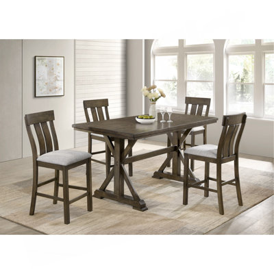 Table de salle à manger à hauteur de comptoir Magnifiquement fabriquée Table de salle à manger Robuste avec base à tréteaux Chaise rembourrée Finition en bois riche Mobilier de salle à manger au charme naturel Brun rustique