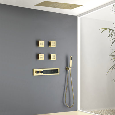 Luxury Ceiling Mounted 4-Function Thermostatic Shower System in Brushed Gold with Body Jets with Rough-in Valve