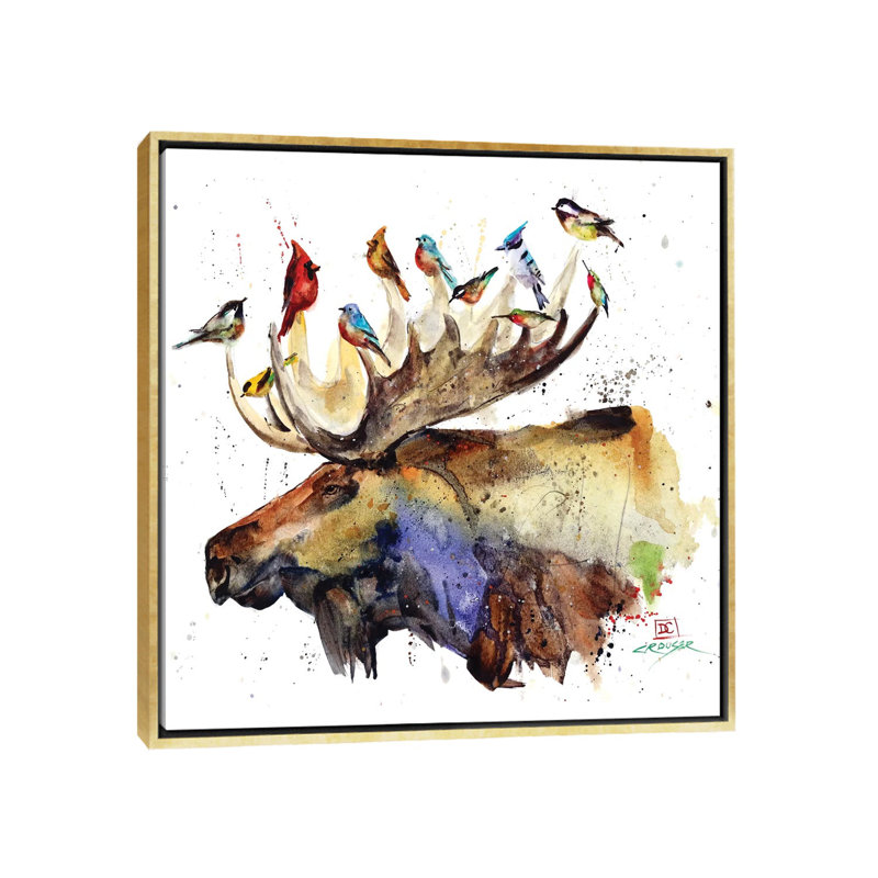 «Moose and Birds» par Dean Crouser - reproduction d'art, H 26 po x l 26 po x P 1,5 po, Toile encadrée d'or, Pas de tapis