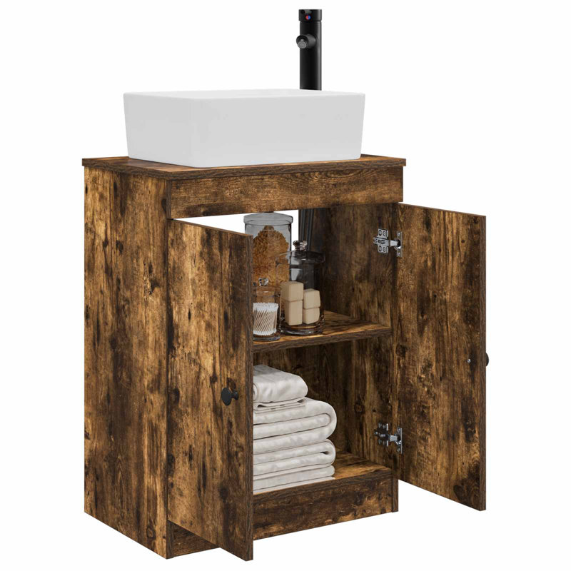 Single Bathroom Vanity with Ceramic Basin, Smoked Oak