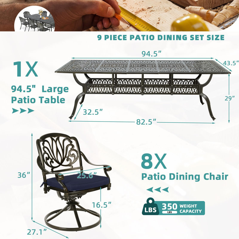 Bloomsbury Market 9-Piece Outdoor Patio Dining Set For 8, All Weather Cast Aluminum Patio Funiture Table And Chairs Set- 94.5" Rectangular Table And 8 Cushioned Swivel Rocker Chairs, Umbrella Hole