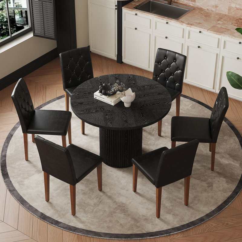 Table de salle à manger ronde de 42 pouces avec base piédestal, table de cuisine élégante et chaises, Noir / brun