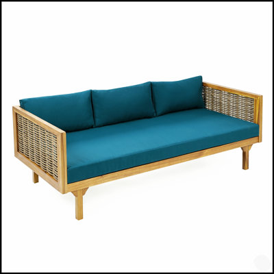 Lit de jour d'extérieur 3 places CLAREMONT avec accoudoirs en rotin, bois d'acacia durable et coussins résistants à l'eau pour la terrasse ou le jardin