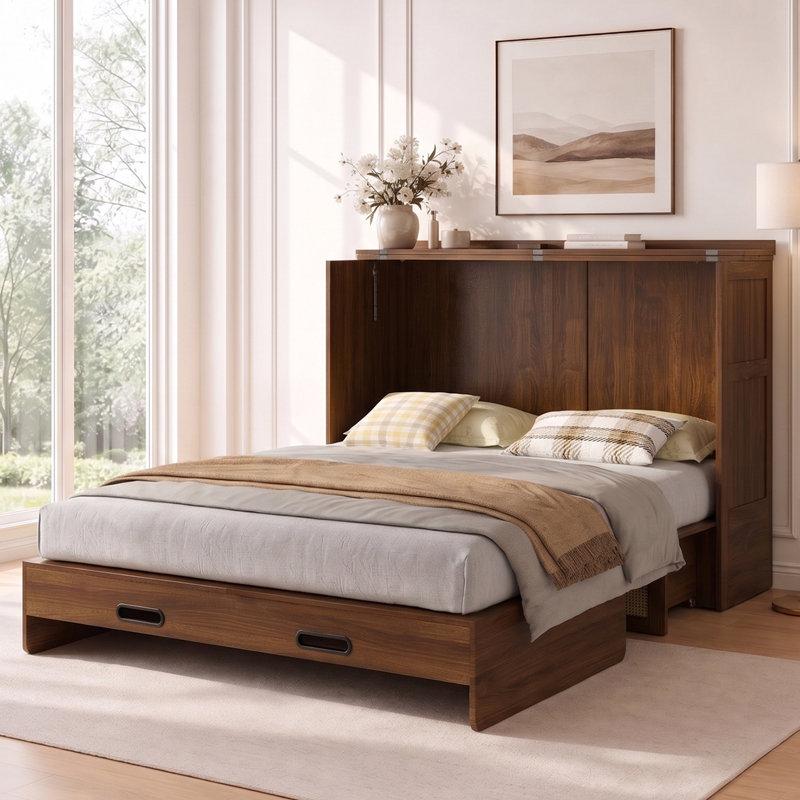 Grand lit à armoire avec tiroirs, matelas en mousse viscoélastique et convertible en 3 étapes, Black Walnut