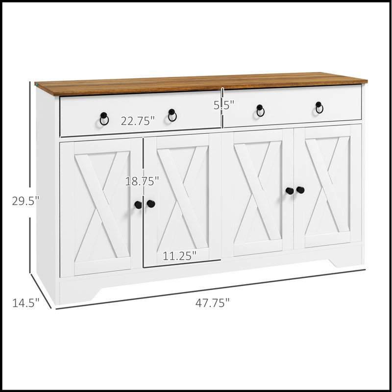 Buffet rustique avec 2 tiroirs, 2 armoires de rangement et 4 portes de style grange pour des solutions de rangement élégantes