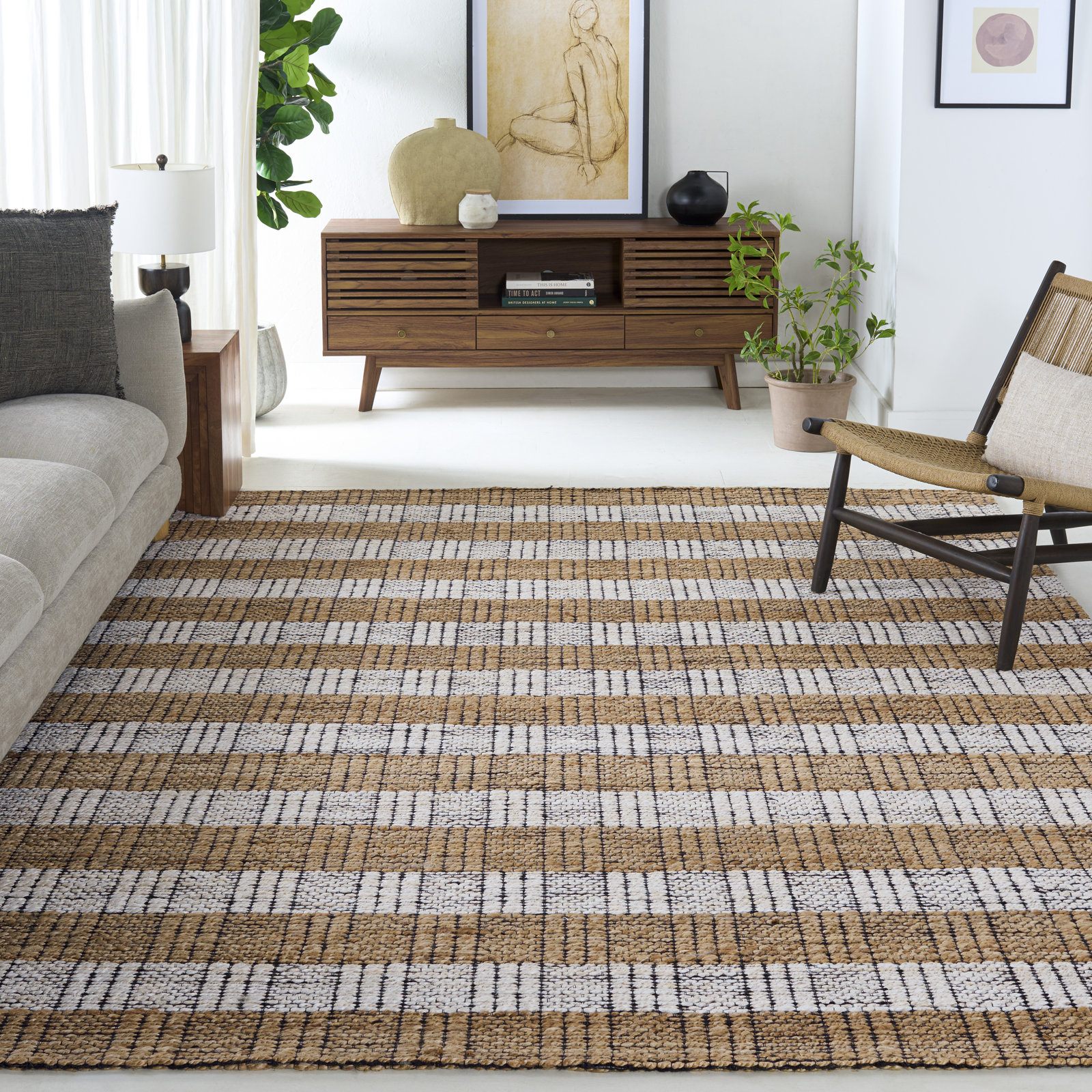 Natural Fiber Hand Woven Jacquard Performance Striped Indoor Rug, 8'-0" X 10'-0" Rectangle