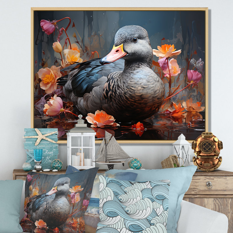 «Grey Duck», art mural canard gris, Cadre doré à coins fermés, H 30 po x l 40 po x P 1,5 po
