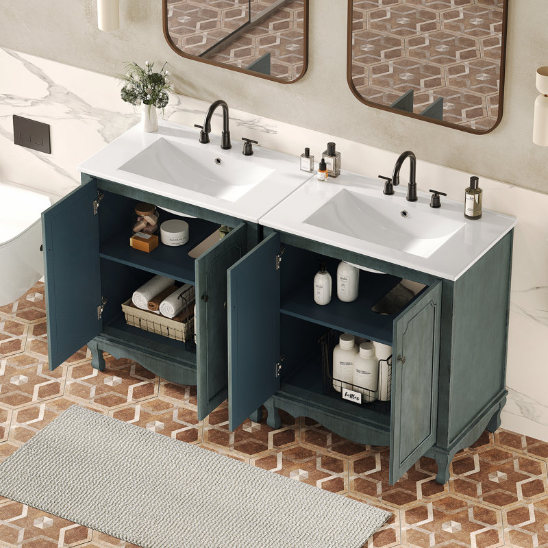 Ensemble de meuble-lavabo double 60 po, armoire de salle de bain rétro avec deux lavabos en céramique séparés et boutons antiques, armoire de rangement avec pieds en bois d'hévéa et tablettes réglables