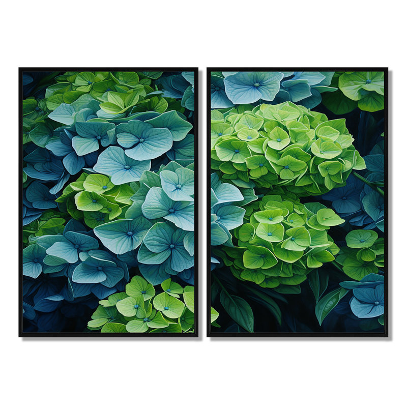 Ensemble de 2 grandes décorations murales vertes et bleues, Noir, H 36 po x l 48 po, Reproduction encadrée sans passe-partout