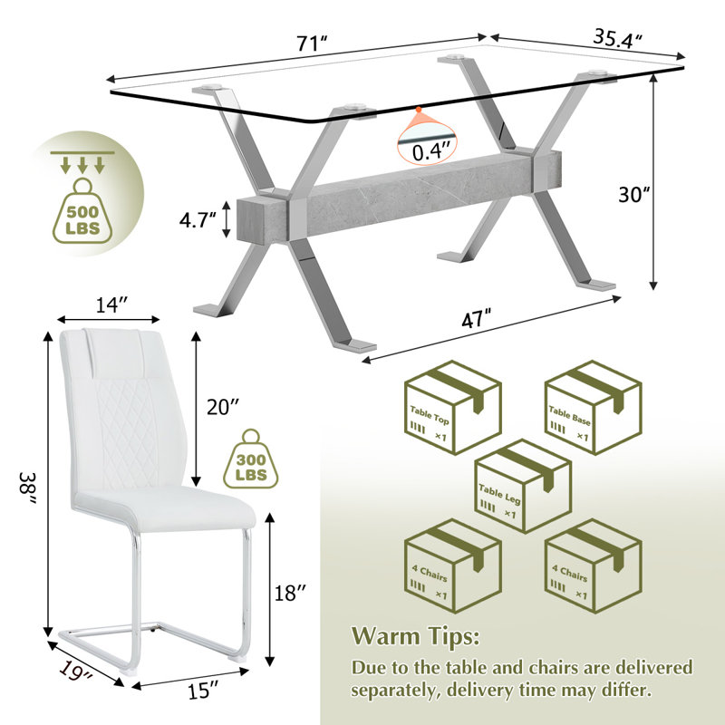 7-Piece Glass Top Dining Table Sets, Silver, White/Silver
