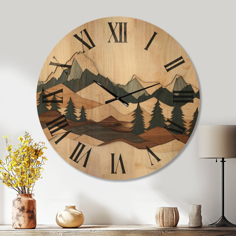 Grande horloge murale en bois avec paysage - Horizons en montagne, Oversized