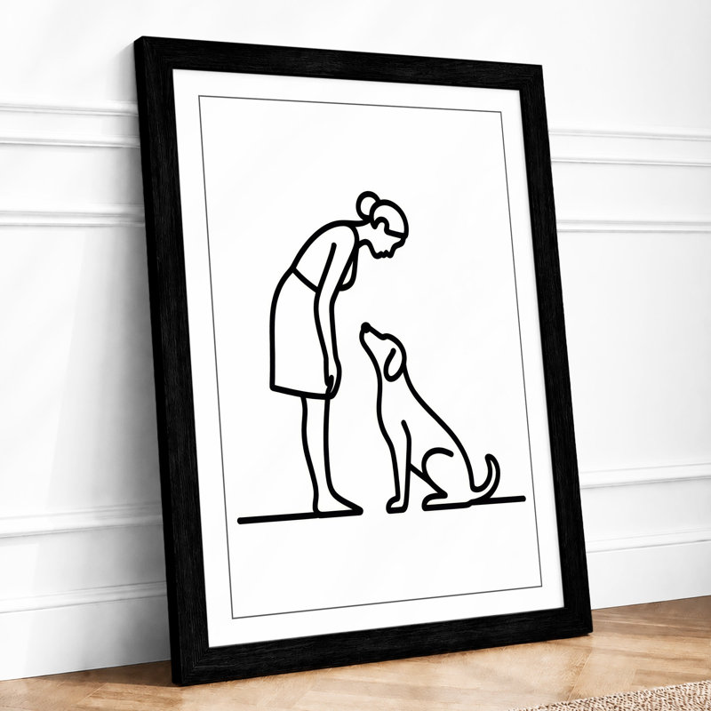 Woman and Dog at Play Minimalist - Framed Print, A1 - 84.1 x 59.4 cm, Black