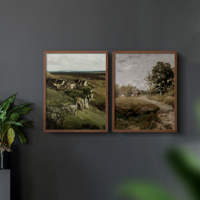 «Vintage Landscape XLV», impression giclée sur cadre - ensemble de 2, Noyer, H 23 po x l 58 po