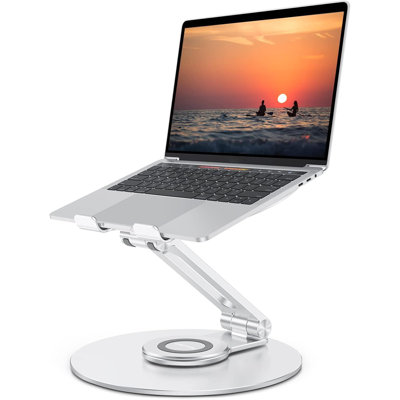 Support réglable pour ordinateur portable avec base rotative à 360 °, élévateur ergonomique pour ordinateur portable pour travail collaboratif, double arbre rotatif entièrement pliable pour un rangement facile, argent