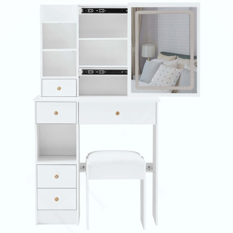 Small Size Left Drawer Desktop Vanity Table + Cushioned Stool, Large Sliding, Touch Control, Tri-Color Switching, Brightness Adjust LED Mirror, High Capacity Storage, Suitable For Small Space